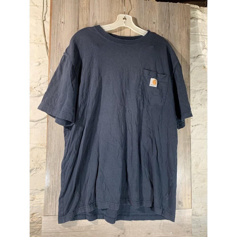 Carhartt Shirt Mens Short Sleeve Crew Neck Original Fit Pocket Navy Blue Size L